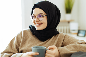 Lady with coffee mug in hand