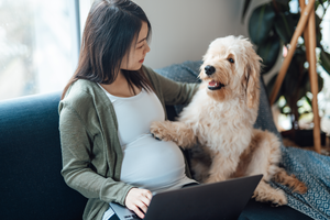 Pregnant woman sitting on couch with a dog